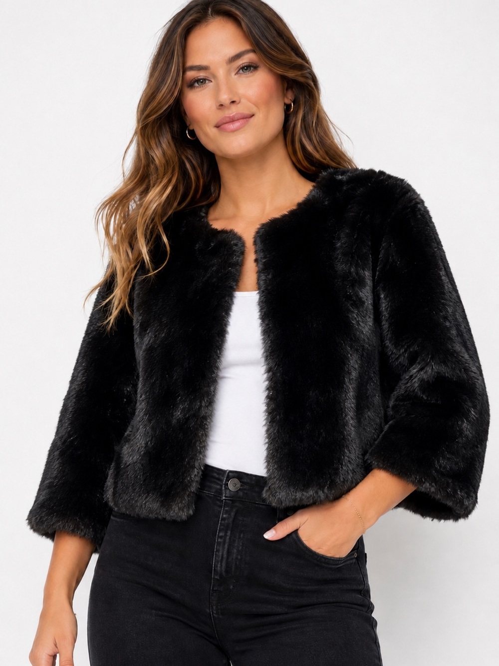 LC Lauren Conrad black faux fur waist length jacket women’s large